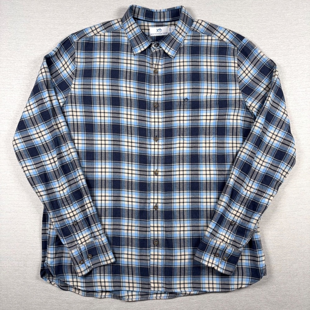 Southern Tide Flannel Shirt Mens Size L Blue Plaid Cotton Long Sleeve Button Up